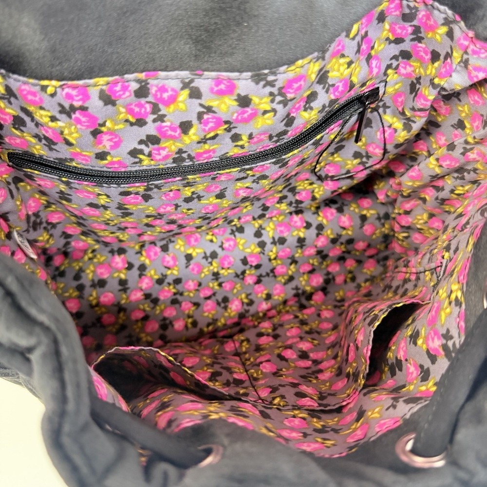 Vera Bradley Black Quilted Velvet Drawstring Backpack Floral Lining NWOT - Picture 6 of 11